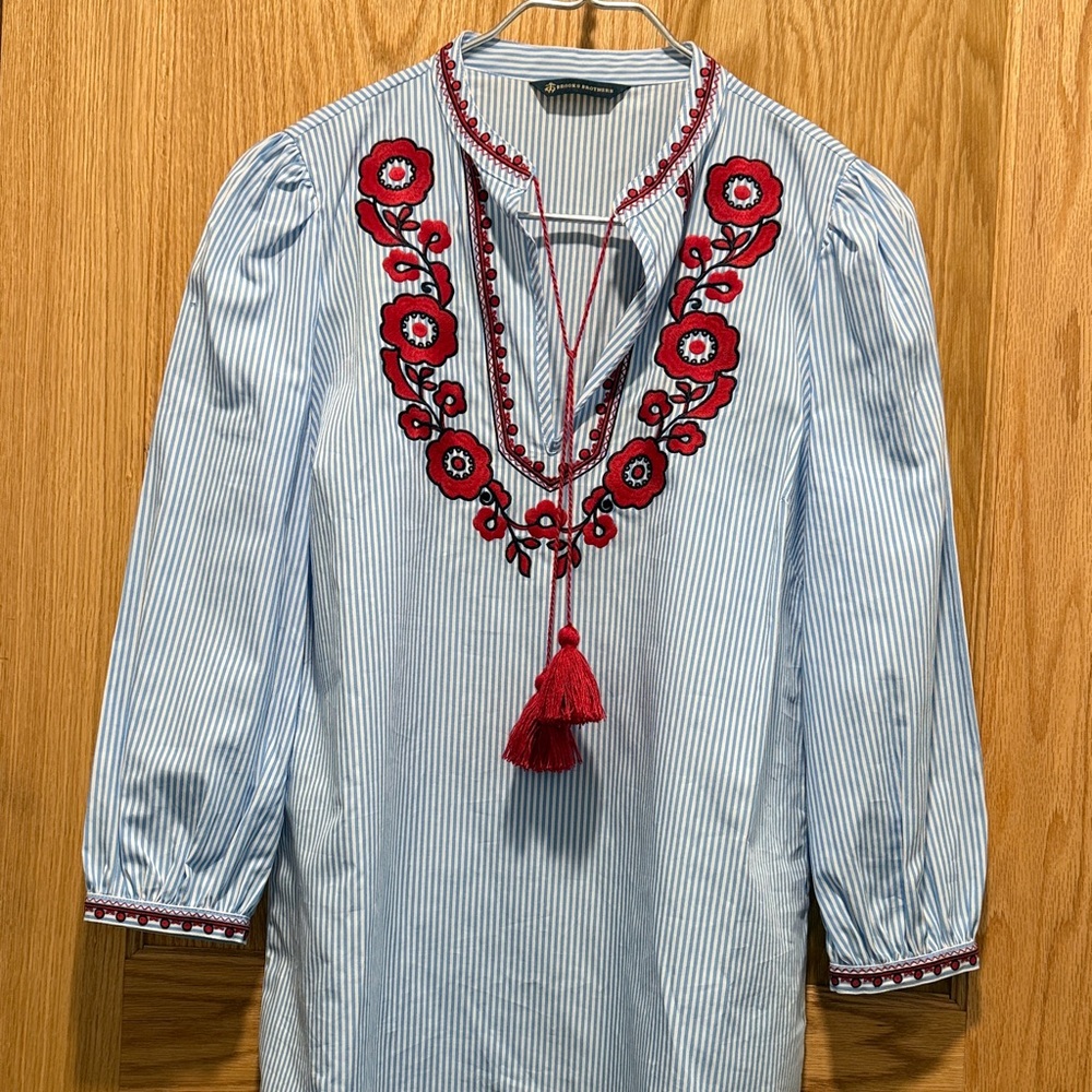 Brooks Brothers
 Blue & White Striped Tunic with Red Floral
